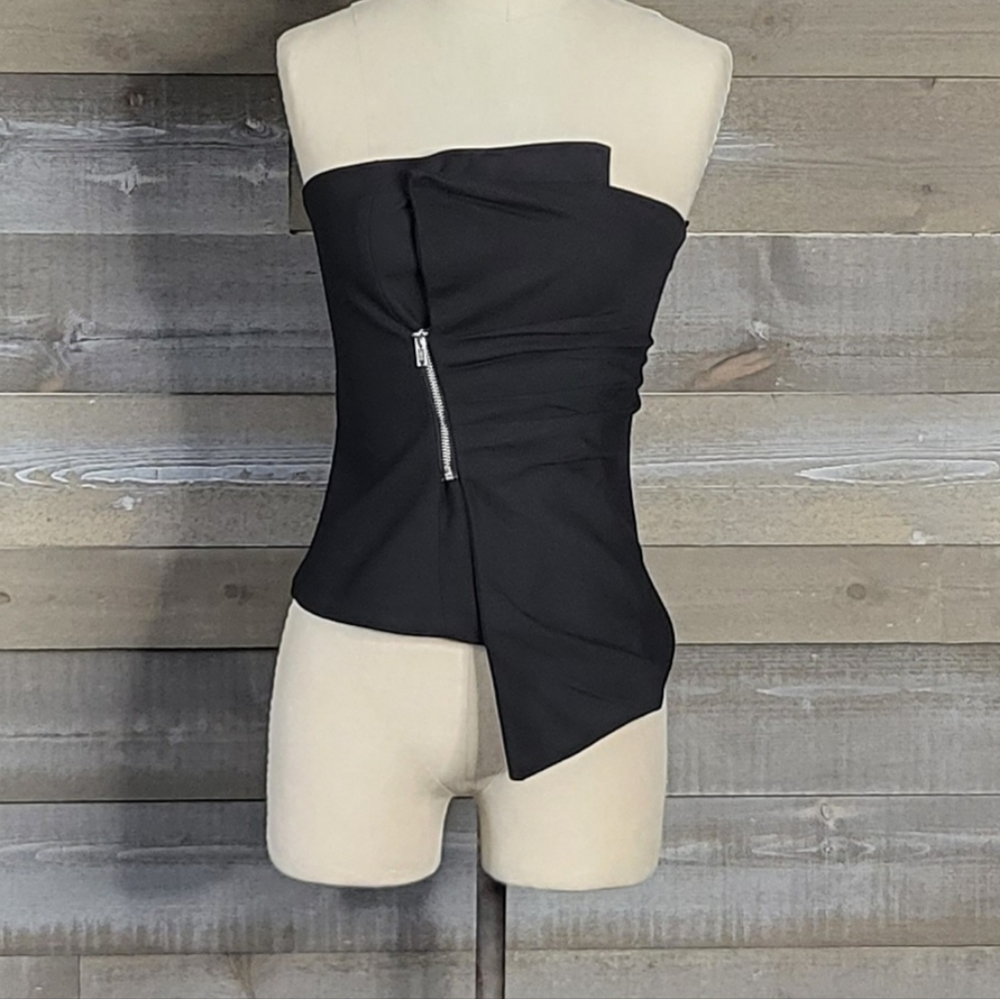 NWT Zara Zippered Asymmetric Rushed Front Black Bustier